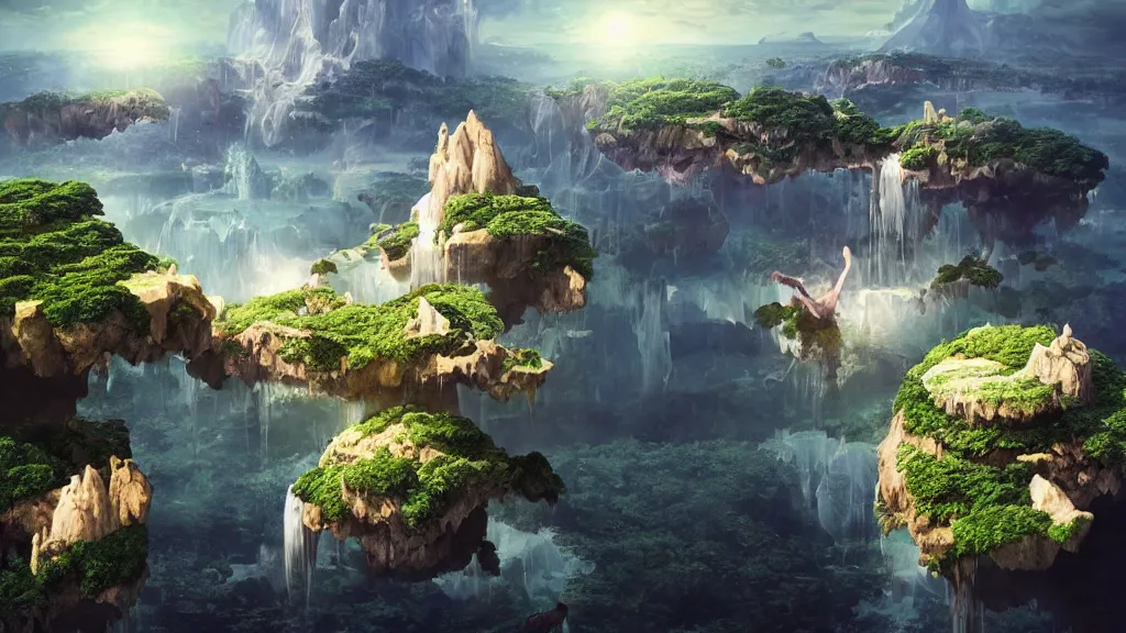 Image similar to floating islands with waterfalls connecting each other whimsical surrealism, based on child's drawing, lsd trip, dream recording, deep - space imaging fantastical setting isometric view octane render, art by salvador dali, greg rutkowski studio ghibli