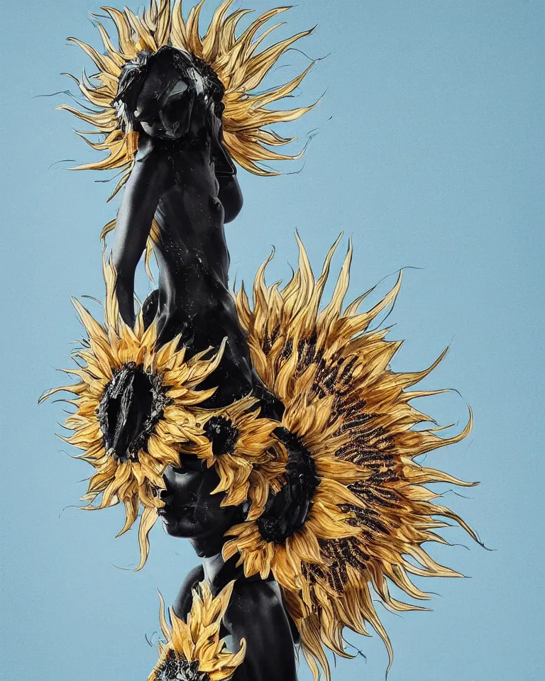 Image similar to symmetrical painting of a fractured black obsidian greek woman statue of a topaz spikes sunflowers lightblue drip acrylic paint fixed with kintsugi, rendered in octane trending on cgsociety. extremely detailed and intricate art