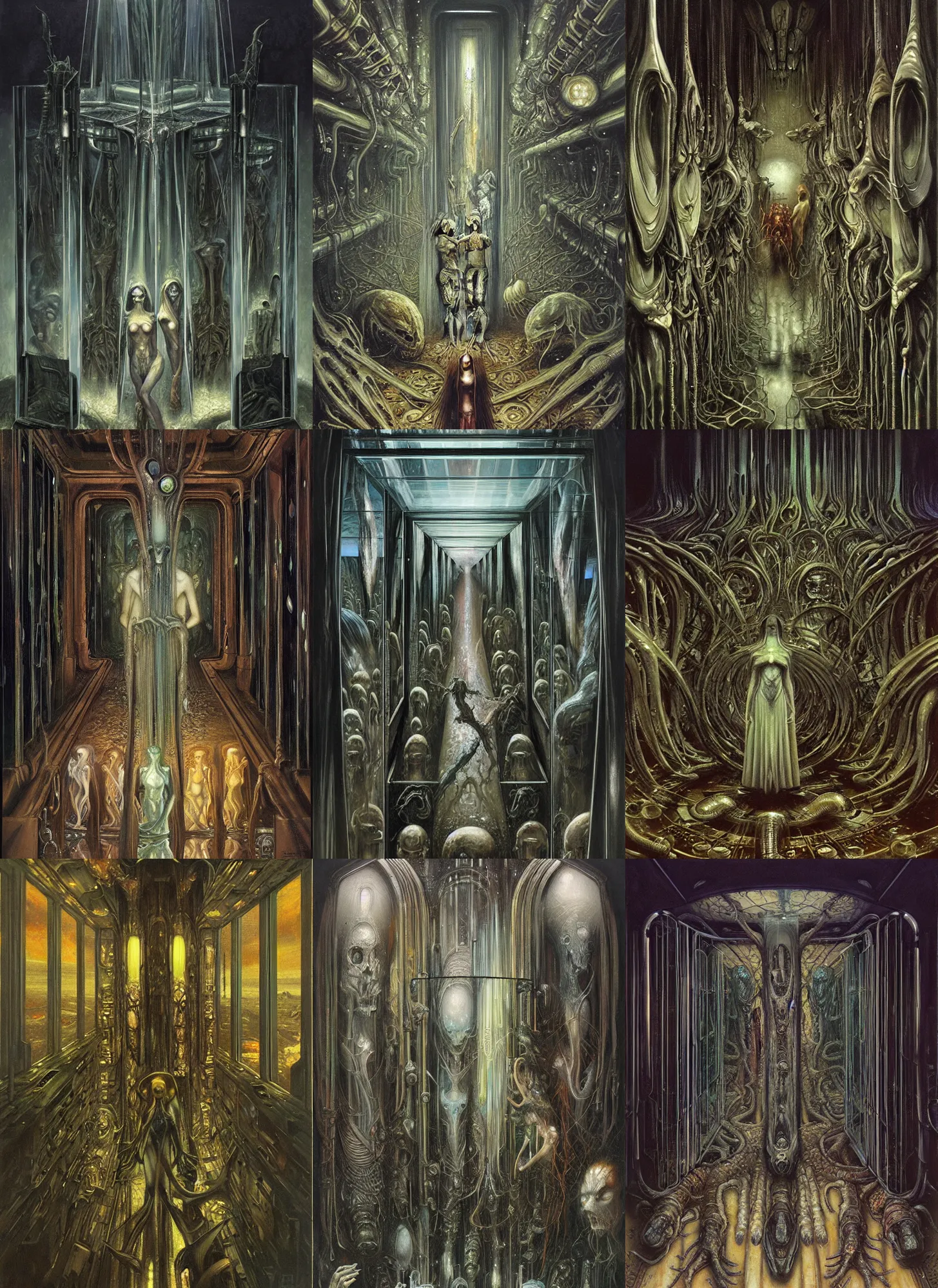 Prompt: a row of glass cases with a goddess inside of it, oil on canvas concept art by giger, ron walotsky and jim burns, by artem demura, deviantart, pop surrealism, hall of mirrors, concept art, lovecraftian