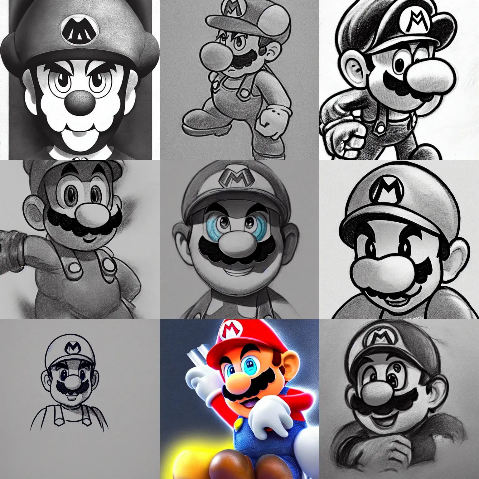 Prompt: epic pencil sketch of super mario, neutral focused gaze, striking anime artstyle with muted shadows, concept art, high - tension