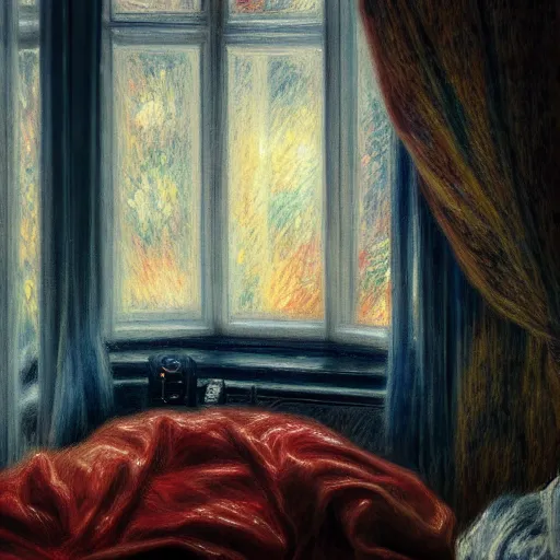 Prompt: on a rainy day, someone sits in bed, curled up under the covers, looking out the window, cinematic, artstation, extremely detailed, intricate, cinematic lighting, art by pierre - auguste renoir