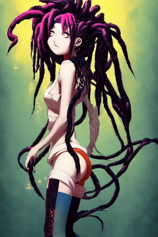Prompt: portrait of an anime manga girl with floating yellow snake dreads, straight on, by artgerm, james jean, tom bagshaw, gerald brom, vaporwave colors, lofi colors, vaporwave, lofi, goth vibe, 4 k, smooth, hd, substance designer render, full body character concept art, symmetrical,