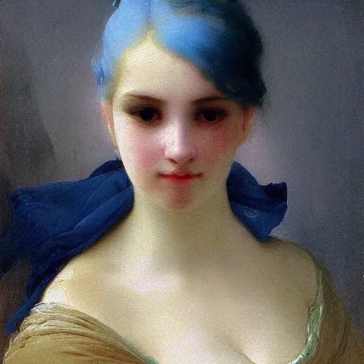 Prompt: a young woman’s face, her hair is white, she wears a long flowing blue satin veil, by ivan aivazovsky and pieter claesz and paul delaroche and alma tadema and august malmstrom and and willen claesz heda and aelbert cuyp and gerard ter borch and isaac levitan and jean giraud, fine detail, hyperrealistic, rendered in octane