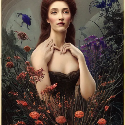 Image similar to facial portrait of a young pretty woman in flowing dress, arrogant, mysterious, long fine flowing hair, delicate, looking at camera, slightly awkward smile, realistic face, hands behind back, intricate, stylish, elegant, grimdark fantasy, flowers, extremely detailed painting by Gerald Brom and Ernst Haeckel and Greg Rutkowski