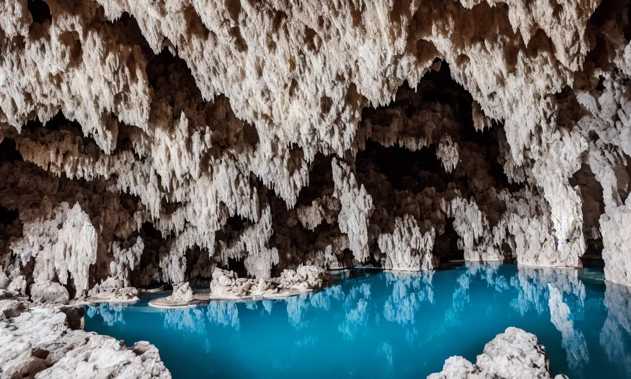 Prompt: an extremely large cave, brightly lit, filled with quartz crystal formations, pools of water