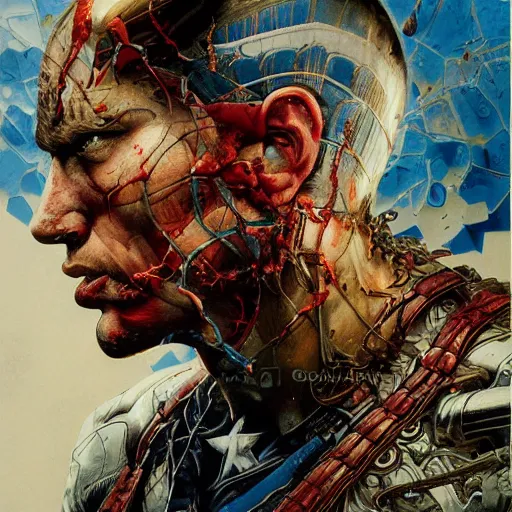 Prompt: detailed masterpiece head and shoulders portrait of struggling Captain America by Ayami Kojima, Amano, Karol Bak, Greg Hildebrandt, and Mark Brooks, rich deep colors. agony. Beksinski painting, part by Adrian Ghenie and Gerhard Richter. art by Takato Yamamoto. medium shot. masterpiece . intricate artwork by Tooth Wu and wlop and greg manchess, greg rutkowski, very coherent artwork, cinematic, hyper realism, high detail, octane render, unreal engine, 8k, Vibrant colors, Smooth gradients, High contrast. by Katsuhiro Otomo, inspired by anime, movie grain, intricate detail, extremely detailed. painting by Arthur Rackham, Eugene de Blaas, Frederic Leighton