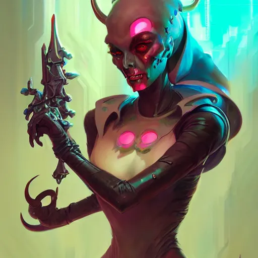 Prompt: a portrait of a beautiful android demonic duchess of hell, cyberpunk concept art by pete mohrbacher and wlop and artgerm and josan gonzales, digital art