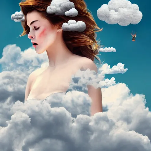 Image similar to goddess wearing a cloud fashion on the clouds, photoshop, colossal, creative, giant, digital art, photo manipulation, clouds, covered in clouds, girl clouds, on clouds, covered by clouds, a plane flying on the sky, digital painting, artstation