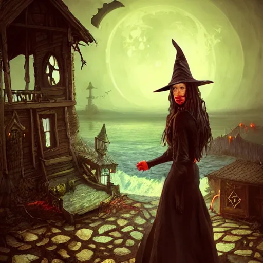 Prompt: a realistic scary witch in front of a witch house which is made out of candy, floating on the ocean, epic scene, fantasy, cinematic, hyper - detailed, in the style of greg rutkowski