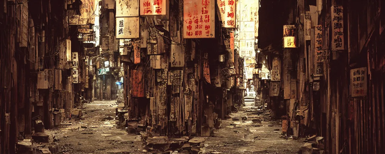 Prompt: digital painting, wideangle view of a narrow alley in kowloon walled city, dirty, sodium lights,evening, tungstem color balance, cinestill, street photography
