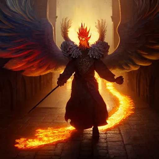 Image similar to Anthropomorphic phoenix in fire flying through a medieval town by night, DnD character, unreal engine, octane render, dramatic lighting, pond, digital art, by Stanley Artgerm Lau, greg rutkowski, thomas kindkade, alphonse mucha, loish, norman Rockwell