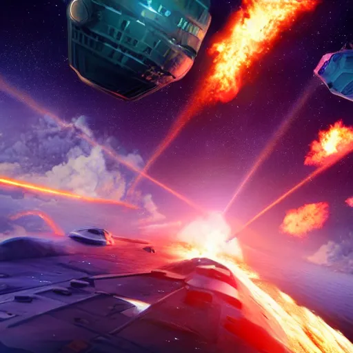 Prompt: hyperrealistic battle of ships in cosmos, epic explosions, 3D render, detailed render, epic composition, cinematic lighting, masterpiece
