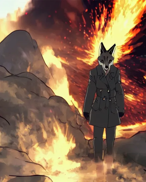 Image similar to a fox in a black trench - coat in front of a huge explosion in the middle of a war, style of anime