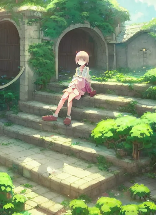 Image similar to girl sitting on a stair where there is an arched shed, many green plant and flower gowing on it, illustration concept art anime key visual trending pixiv fanbox by wlop and greg rutkowski and makoto shinkai and studio ghibli