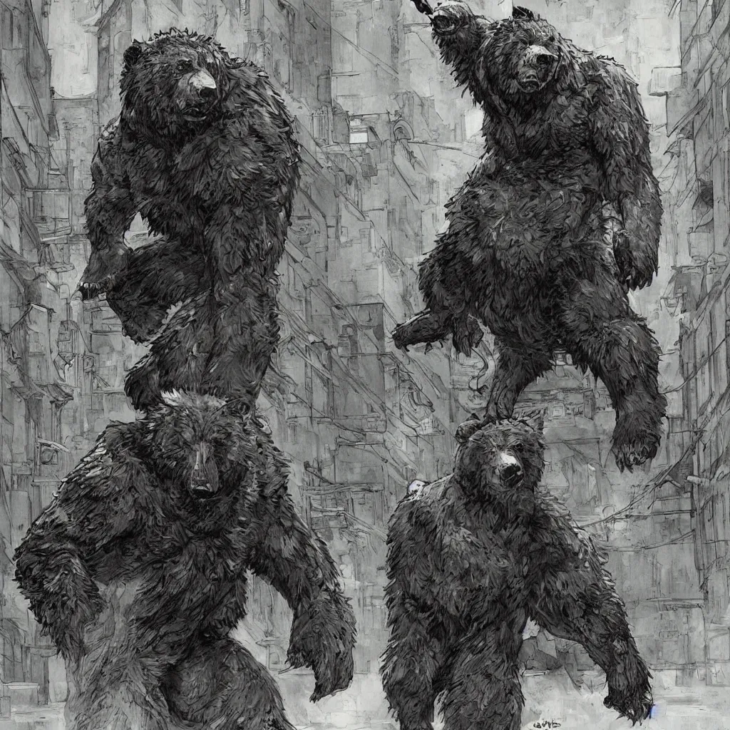 Image similar to large werebear in an alley, in the style of yoji shinkawa