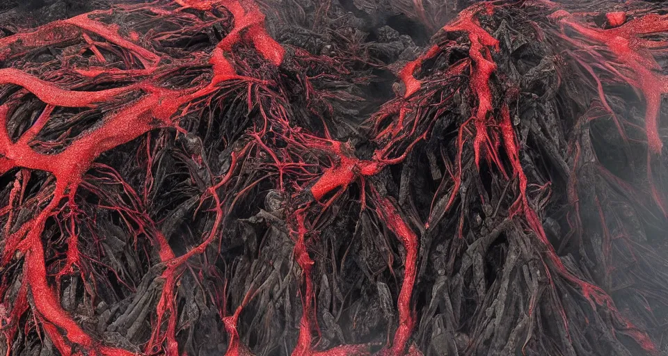 Prompt: a volcano made of ivory vines and crimson rocks enters in eruption, it spits a smoke in the shape of demonic eye, by Yoshitaka Amano,