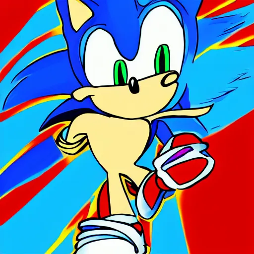 Prompt: Colorful, psychedelic drawing of Sonic the Hedgehog, action pose