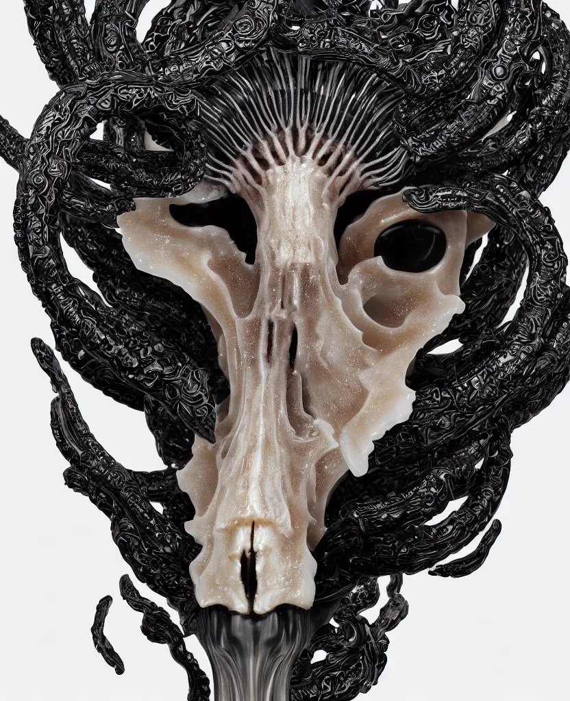 Image similar to goddess princess face close-up portrait ram skull. sculpture made of black and dichroic. jellyfish phoenix head, nautilus, orchid, skull, betta fish, bioluminiscent creatures, intricate artwork by Tooth Wu and wlop and beeple. octane render, trending on artstation, greg rutkowski very coherent symmetrical artwork. cinematic, hyper realism, high detail, octane render, 8k