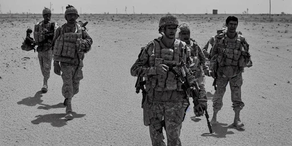 Image similar to a rooster soldier walking the sands of iraq with his platoon. cinematic photograph. 35mm.