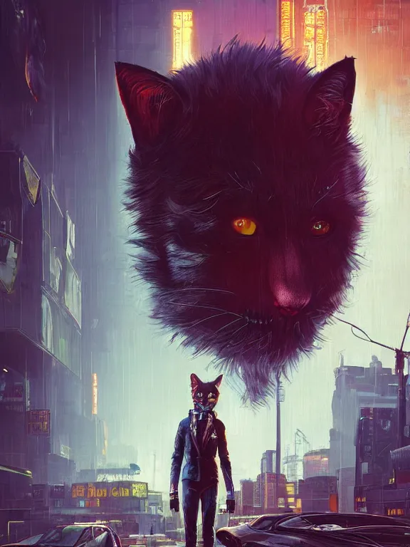 Image similar to new york city portrait of furry anthro anthropomorphic cat head animal person fursona wearing clothes strange cybernetic muzzle gloomy rainy screenshot from the video game cyberpunk 2077 digital art by Greg Rutkowski, Simon Stalenhag, christopher nolan trending on Artstation, CGSociety