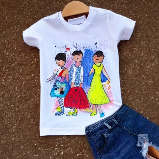 Prompt: childrens drawing, fashion design, t shirt