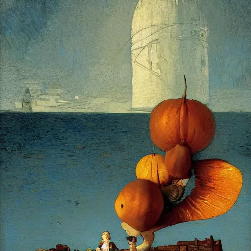 Prompt: james and the giant peach!!!!! illustrated by johannes vermeer, greg rutkowski, gaston bussiere, van gogh, davinci, and zdzisław beksinski, award - winning, cgsociety contest winner