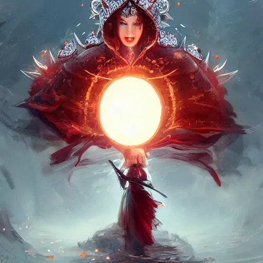Image similar to a beautiful woman in a crimson cloak holding a glowing white spear and an obsidian shield, silver intricate armor, spotlight, ornate, realistic, cinematic lighting, sunbeams, volumetric lighting, epic pose, victorian, opulent, fantasy concept art, mohrbacher, beeple
