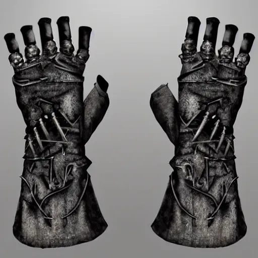 Image similar to metal claws on gloves, weaponized gauntlett, old gloves with attached talons, pointy fingertips, dark background, highly detailed, 8 k, trending on artstation, mystic, rpg artwork, by peter jackson, by sauron