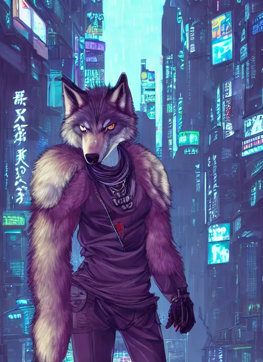 Image similar to character portrait of a male anthro wolf fursona with a tail and a cute beautiful attractive detailed furry face wearing stylish cyberpunk clothes in a cyberpunk city at night while it rains. hidari, color page, tankoban, 4K, tone mapping, Akihiko Yoshida.