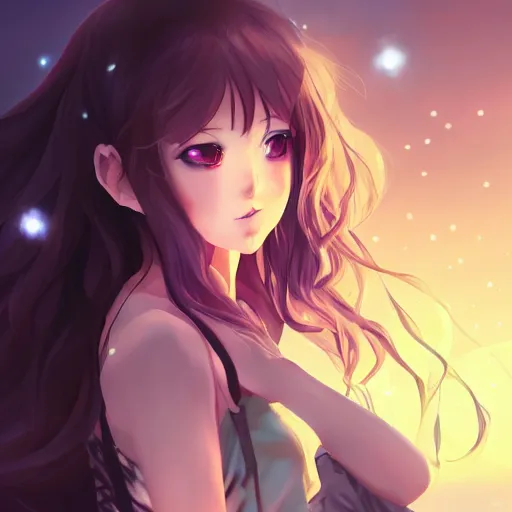 Image similar to anime, full body, bunny girl, a cute female trying to kissing the camera, shooting star in background, long wavy hair, light and shadow effects, highly detailed, digital painting, art station, sharp focus, high quality, frontal view, illustration, concept art, wlop