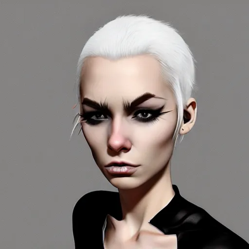 Image similar to Young woman, white hair, black eyes, sharp teeth, pointy ears, pale skin, trending on artstation