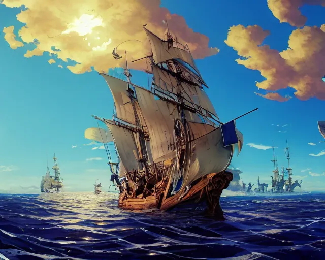 Image similar to a pirate ship on the blue seas, clear, sunny day, beautiful, ripples, waves, reflections on the water, no land, sea, blue sea, anime, wide shot. By Makoto Shinkai, Stanley Artgerm Lau, WLOP, Rossdraws, James Jean, Andrei Riabovitchev, Marc Simonetti, krenz cushart, Sakimichan, D&D trending on ArtStation, digital art.