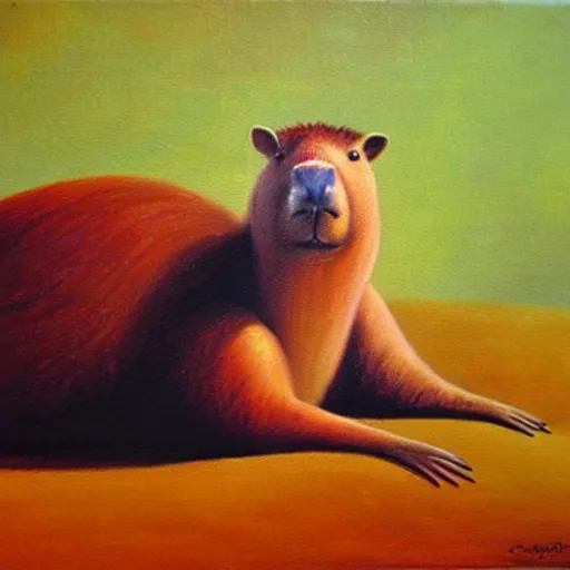 Prompt: capybara relaxing on couch | style salvadore dali | oil painting | featured artstation | impressionist