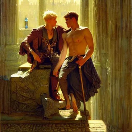 Image similar to attractive arthur pendragon in love with attractive male merlin the mage. they are in love. highly detailed painting by gaston bussiere, craig mullins, j. c. leyendecker