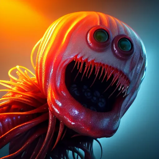 Image similar to a beautiful extreme wide photograph of a horrifying jellyfish monster with huge glowing eyes and sharp fangs in a wide open mouth, highly detailed, smooth, very very clean, 8 k, cinematic movie photograph, cinematic lighting, octane render, zbrush central contest winner, 3 d maya render