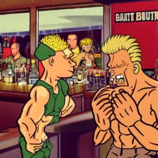 Prompt: beavis and butthead and guile from street fighter 2 in a bar real