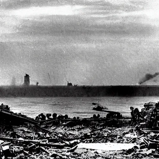 Prompt: photo of d-day, world war 2, large explosion in distance, war, cinematic, gritty, grainy