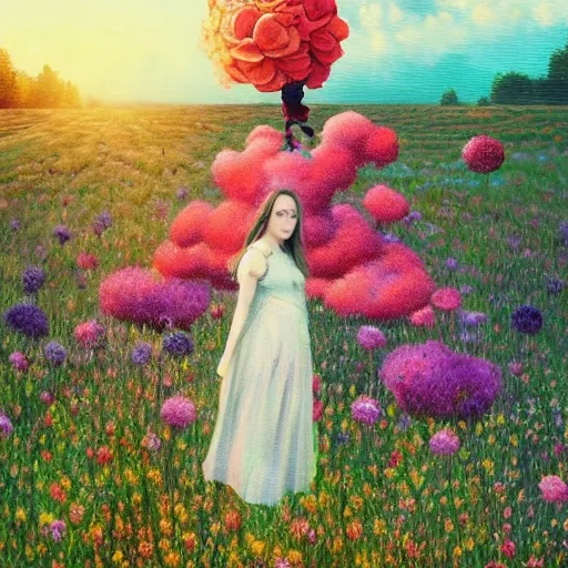 Image similar to full body girl with giant flower for a face, surreal photography, dream, dress made from the flower field she walks through, hills, big trees, sunrise dramatic light, impressionist painting, colorful clouds, digital painting, pointillism, artstation, simon stalenhag