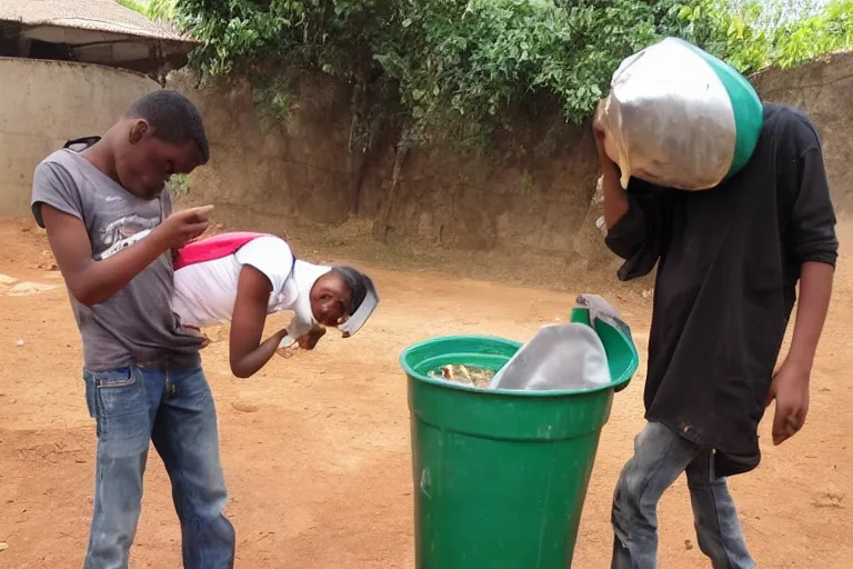 Image similar to a guy putting a dustbin over the head of a girl