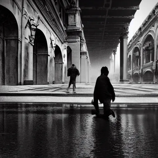 Prompt: a highly detailed epic cinematic black and white painting artwork inspired by Henri Cartier-Bresson's Behind the Gare Saint-Lazare, man jumping over a puddle of water. World Press Photo winner, enhanced and corrected in Photoshop, octane render, excellent composition, cinematic atmosphere, dynamic dramatic cinematic lighting, aesthetic, very inspirational, arthouse