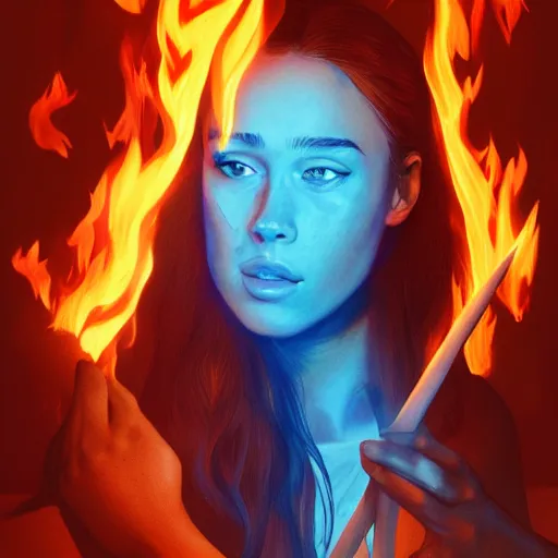 Image similar to alycia debnam carey as a pyromancer with fire aura by her side, blue flame, spark, illustration, Ray tracing reflection, dynamic pose, natural lighting,