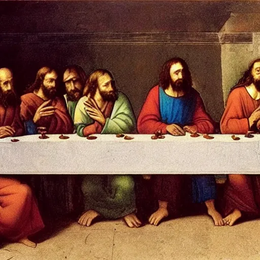 Prompt: The scene of the Last Supper of Jesus with the Twelve Apostles, the moment after Jesus announces that one of his apostles will betray him. Oil painting by Leonardo da Vinci, 1495.