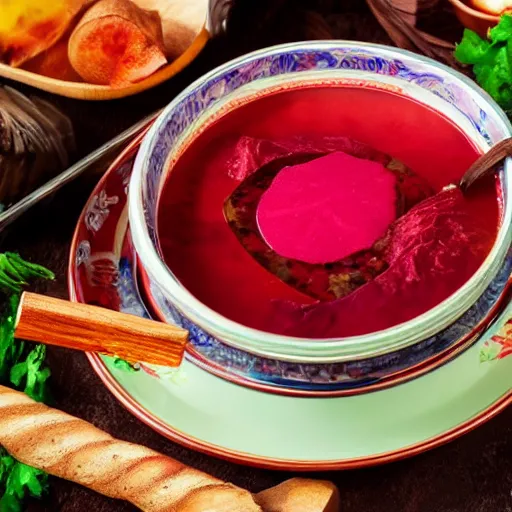 Prompt: a giant bowl of borscht soup, 8 k, high definition, highly detailed, photo - realistic