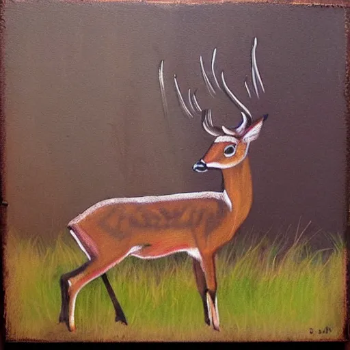 Image similar to deer smoking a cigarette, stylized, artistic, expressive, contrasting colors, brown and green, rule of thirds, dripping paint, masterful art