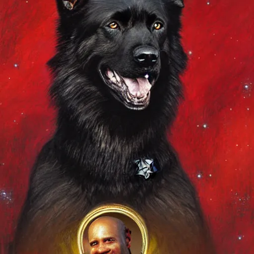 Image similar to a portrait of a black german shepard dogman canine with human eyes smiling holding a phaser star trek captain red shirt. highly detailed painting by gaston bussiere craig mullins jc leyendecker gustav klimt artgerm greg rutkowski