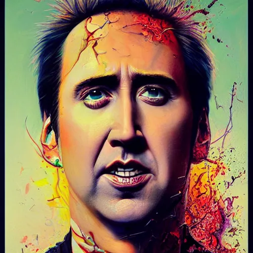 Prompt: beautiful portrait of Nic Cage by Tristan Eaton and Stanley Artgerm and Tom Bagshaw, Greg Rutkowski Carne_Griffiths