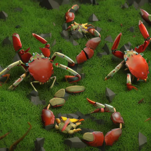 Image similar to voidless of the festival!, large group of crabs and worms, crawling along a bed of moss, low poly, creeper world, handcrafted, artstation, hyperrealistic, hard light, best practices, creeptastic, photorealism, macro perspective, cuddly