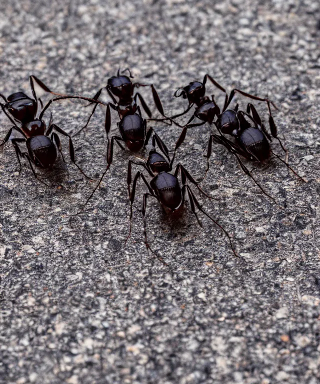 Prompt: high quality presentation photo of cute anthropomorphic black ants eating alien bugs, photography 4k f1.8 anamorphic bokeh 4k Canon Nikon