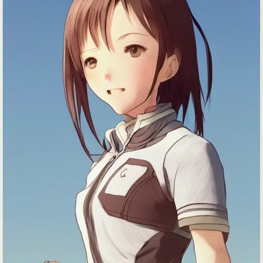 Image similar to a girl is running, sport clothing, range murata, anime style, brown short hair, hair down, symmetrical facial features, from arknights, hyper realistic, rule of thirds, extreme detail, detailed 4 k drawing, safebooru, realistic lighting, by alphonse mucha, greg rutkowski, backlit