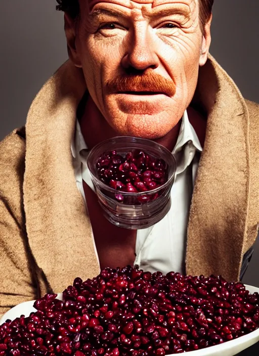 Image similar to bryan cranston bulging cheeks eating cranberries, open mouth spilling cranberries, hamster cheeks, studio light, bloom, detailed face, magazine, press, photo, steve mccurry, david lazar, canon, nikon, focus